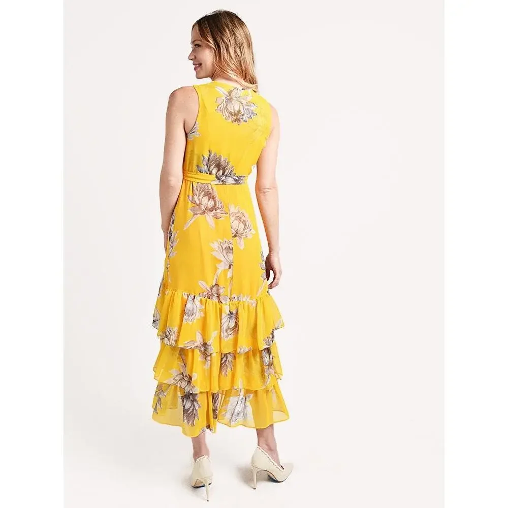 MISA Los Angeles Ilune Yellow Romantic Ruffle Floral Wrap Midi Dress - Sz Small - Picture 2 of 6